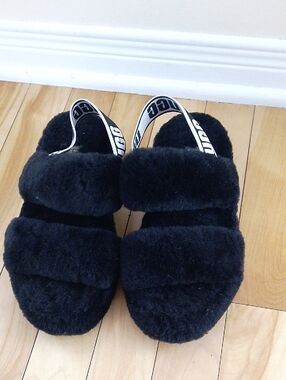 Black OH YEAH UGG Fur Slide Women Soft Plush Platform Slipper Summer Pool Sandal